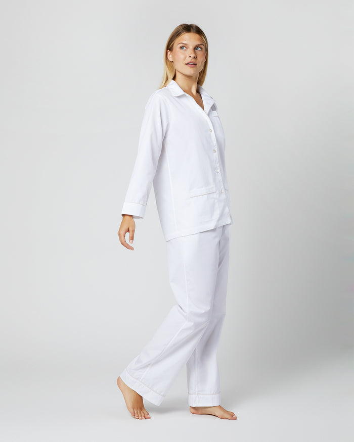 Pajama Set in White Poplin/Pink Trim