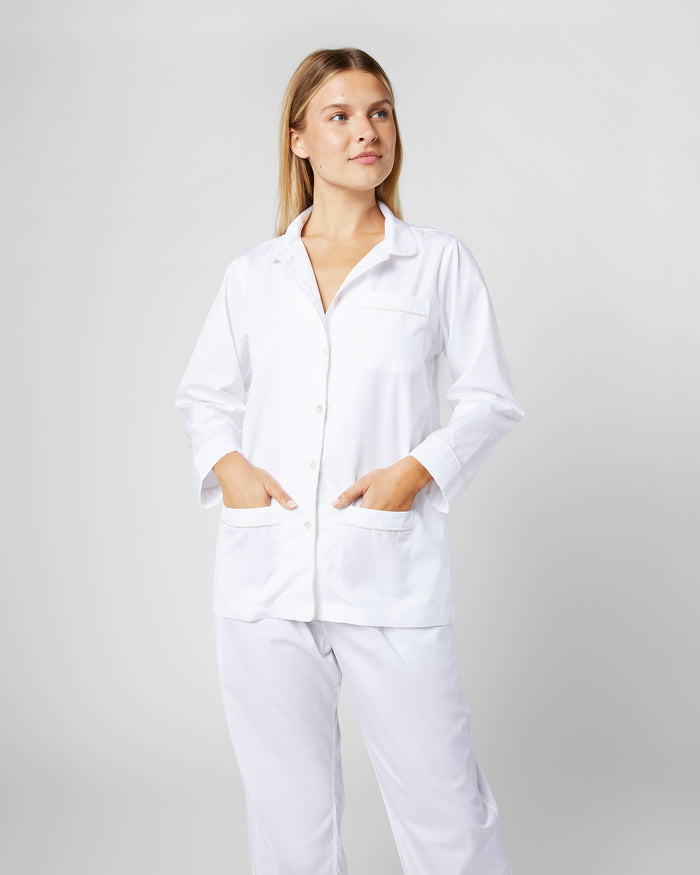 Pajama Set in White Poplin/Pink Trim