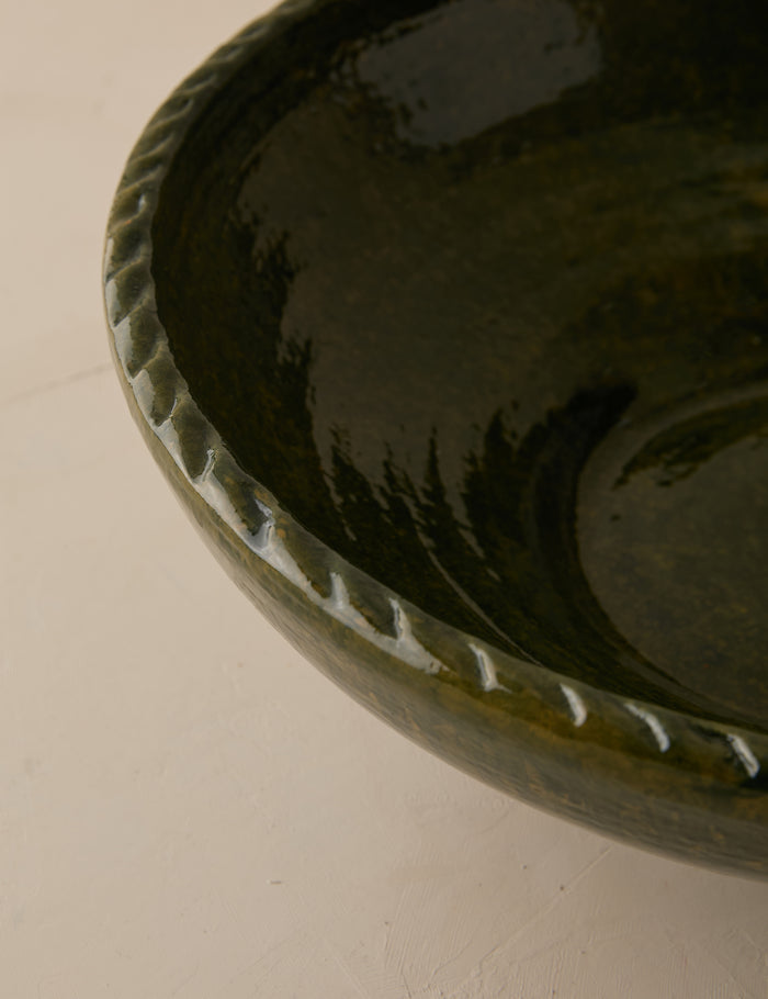 #color::green | Close up of the inside of the Peony green textural terracotta decorative bowl by Heidi Caillier.