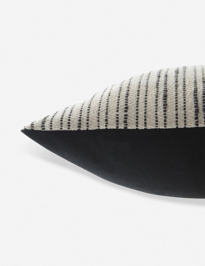 #color::natural-and-black #size::14--x-40- #insert::down #insert::polyester | Side view of the Peregrine black and white marled striped lumbar pillow