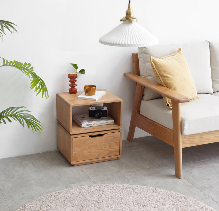 Sage FAS-Graded Solid American Oak Natural Wood Colored Swivel Side Table with Drawer