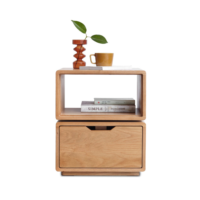 Sage FAS-Graded Solid American Oak Natural Wood Colored Swivel Side Table with Drawer