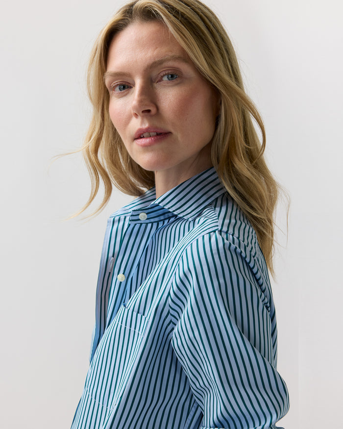 Sidney Shirt in Green/Sky Banker Stripe Poplin