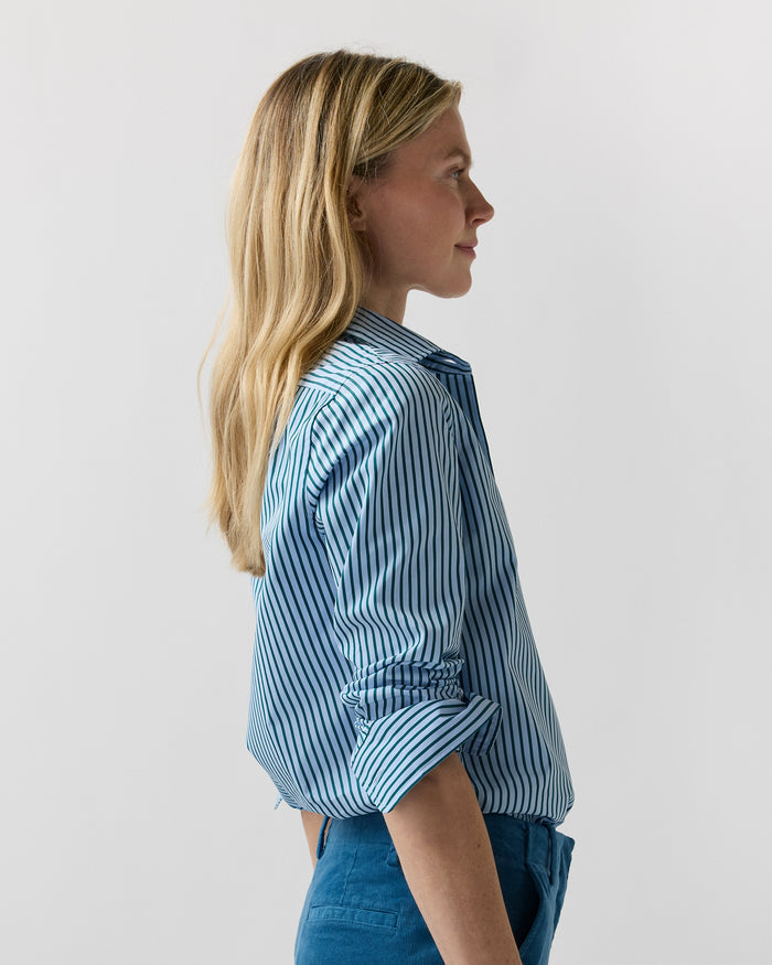 Sidney Shirt in Green/Sky Banker Stripe Poplin