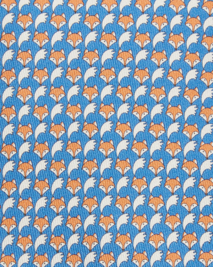 Silk Print Tie in Blue/Orange Fox