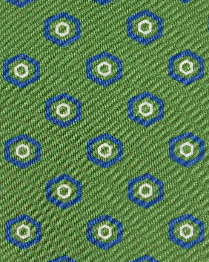 Silk Print Tie in Moss/Blue Geo