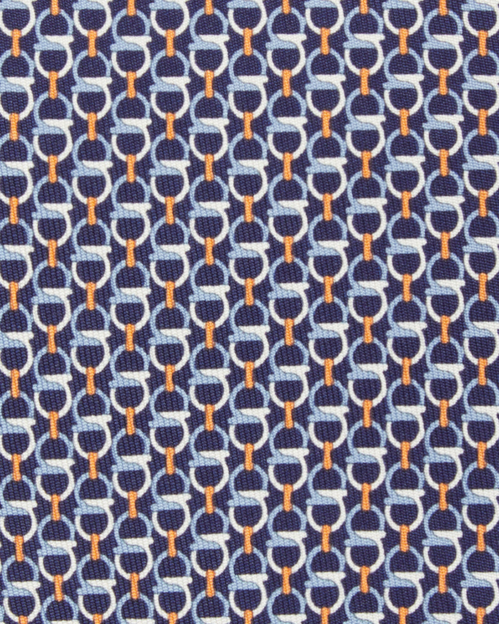 Silk Print Tie in Navy Gancini Links