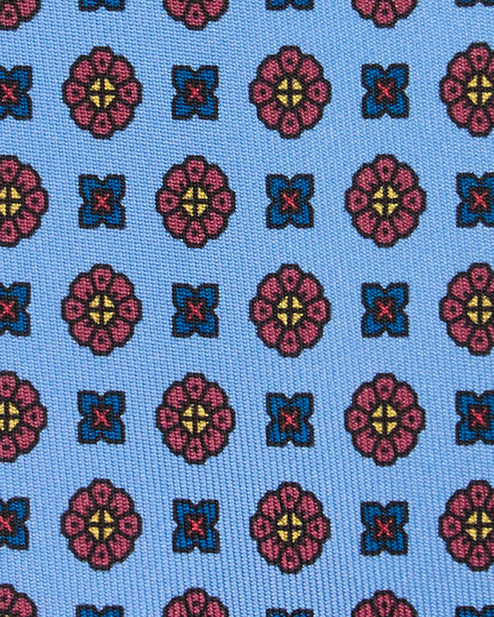 Silk Print Tie in Sky/Raspberry/Navy Foulard