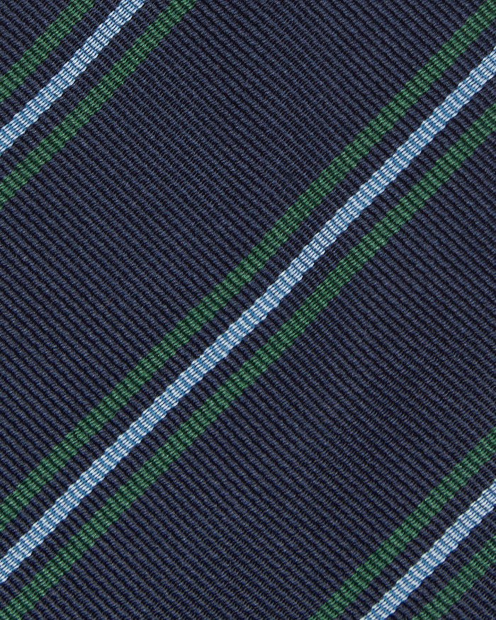 Silk Woven Tie in Navy/Lovat/Sky Stripe