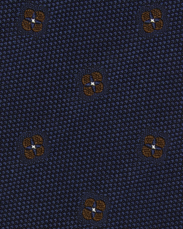 Silk/Cotton Mogador Tie in Navy/Brown Clover Dot