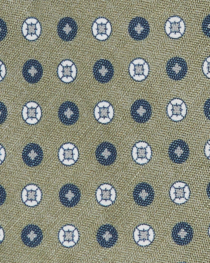 Silk/Linen Print Tie in Sage/Navy/Bone Geo Dot