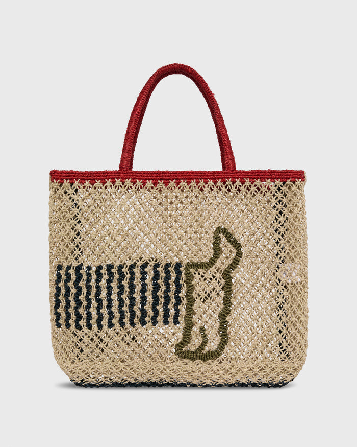 Small Breton Dog Tote in Natural/Olive/Dark Navy/Scarlet