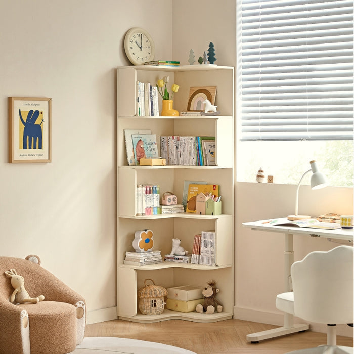 Space Saving  Engineered Wood Corner Bookcase/Storage Shelves in Cream White