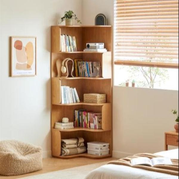 Space Saving Engineered Wood Corner Bookcase/Storage Shelves in Natural Wood
