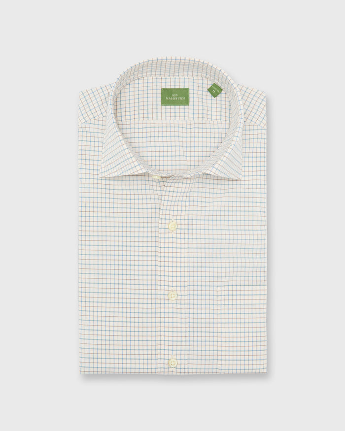 Spread Collar Sport Shirt in Bone/Green/Blue Tattersall Poplin