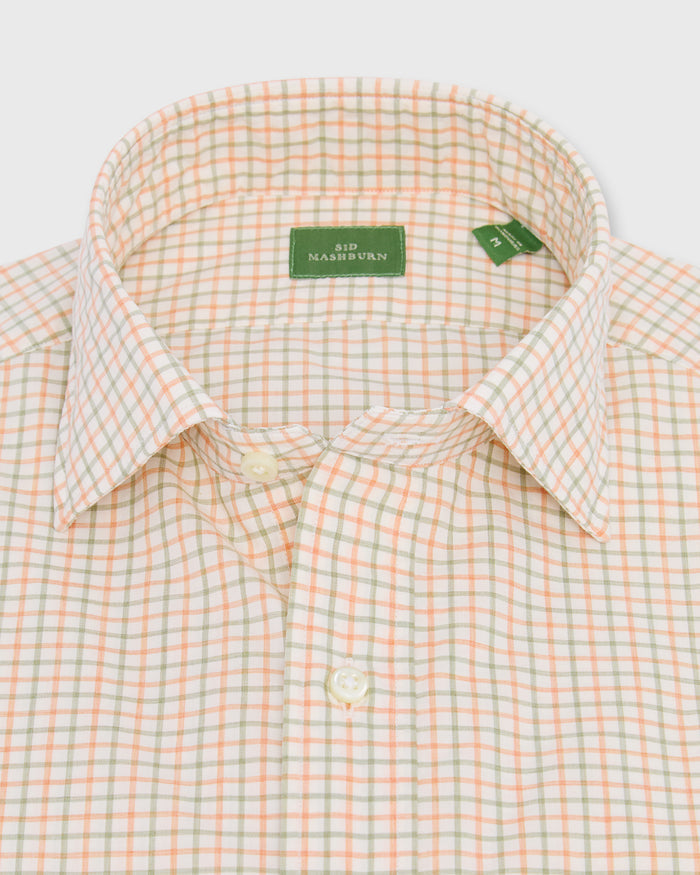 Spread Collar Sport Shirt in Peach/Olive/Bone Tattersall Poplin
