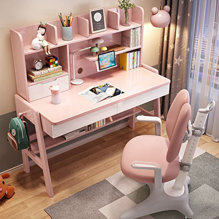 Stanselly Pink Solid Wood Kids Study Desk with Shelf/Rubberwood/1.2M