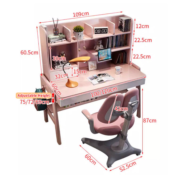 Stanselly Pink Solid Wood Kids Study Desk with Shelf/Rubberwood/1.2M