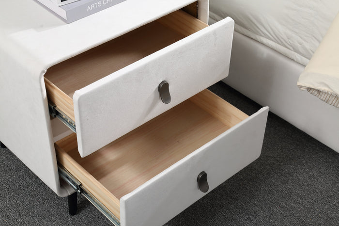 Tamijo White Suede Upholstered Bedside Table/White Nightstand with Drawers