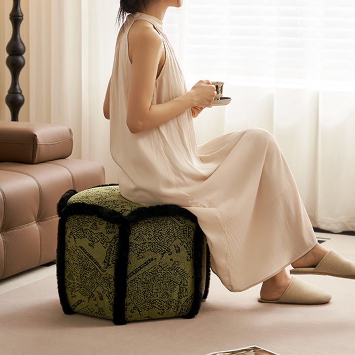 Trudy 50cm Faux Lambswool Fabric Household Low Stool/Small Bench/Shoe Bench Green & Black Color