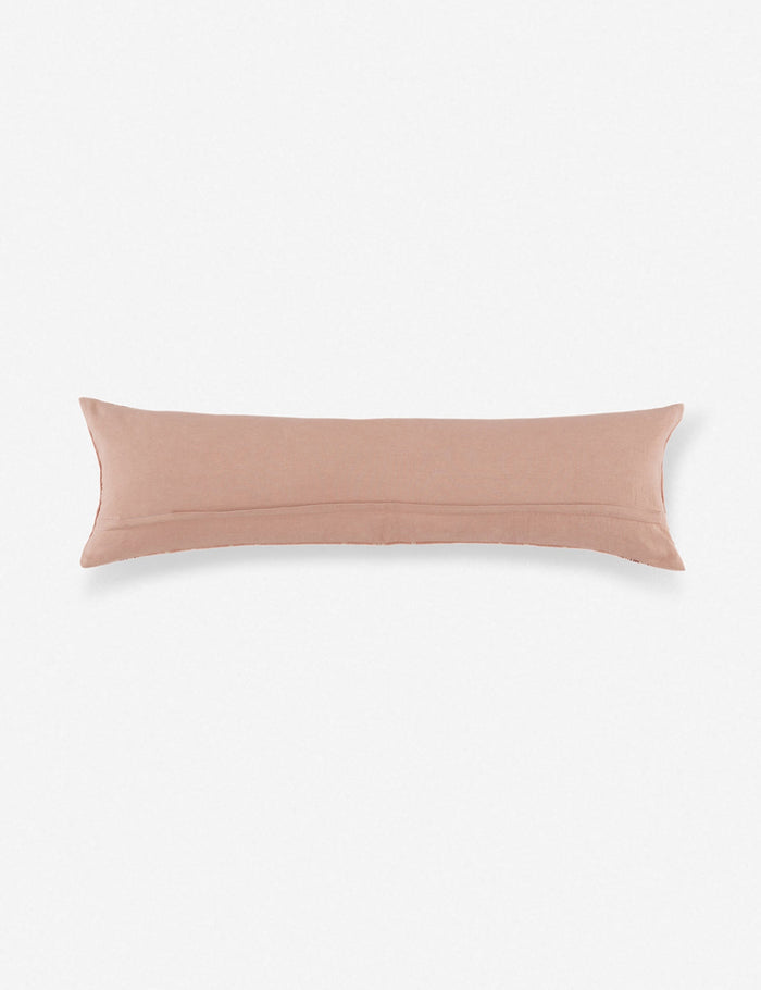 #color::pink #insert::down #insert::polyester | Rear view of the Vadala long lumbar pink patterned pillow