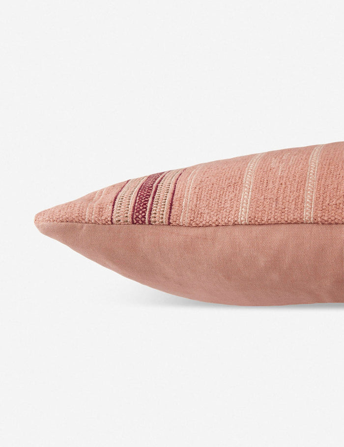 #color::pink #insert::down #insert::polyester | Side view of the Vadala long lumbar pink patterned pillow