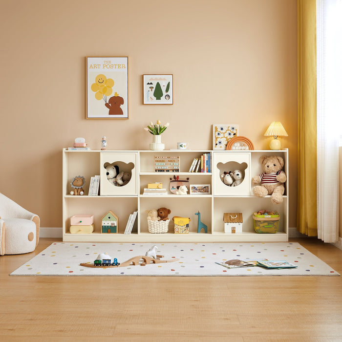 Versatile Kids' Storage Cabinet Showcase with Bear-Shaped Hollow Doors Cream White