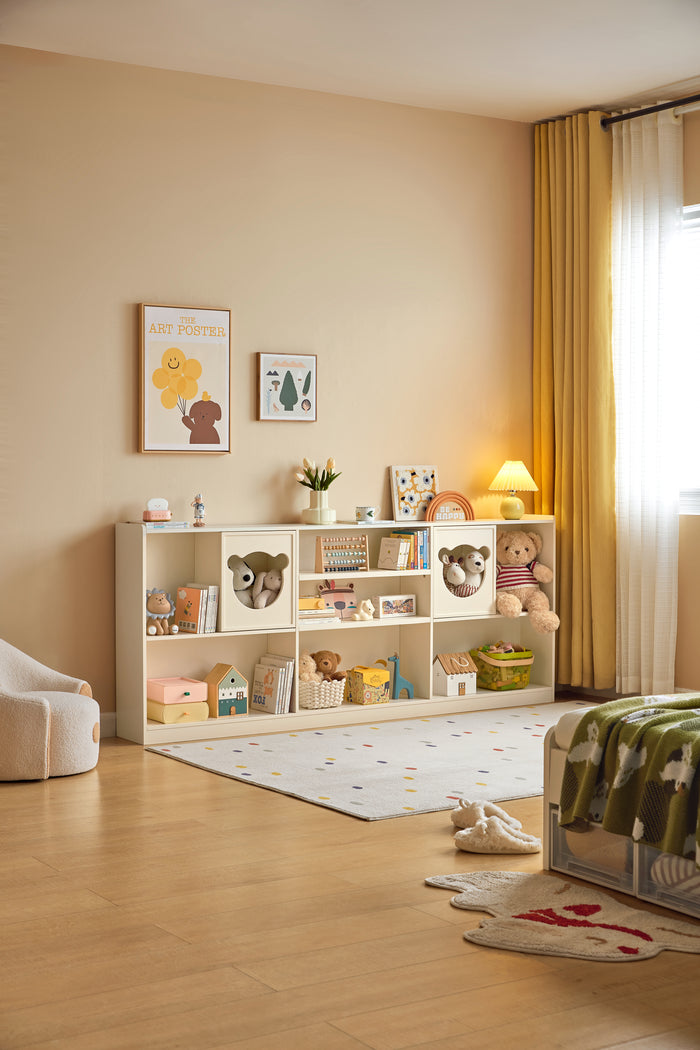 Versatile Kids' Storage Cabinet Showcase with Bear-Shaped Hollow Doors Cream White