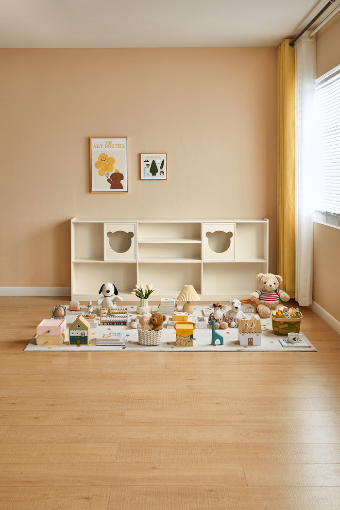 Versatile Kids' Storage Cabinet Showcase with Bear-Shaped Hollow Doors Cream White