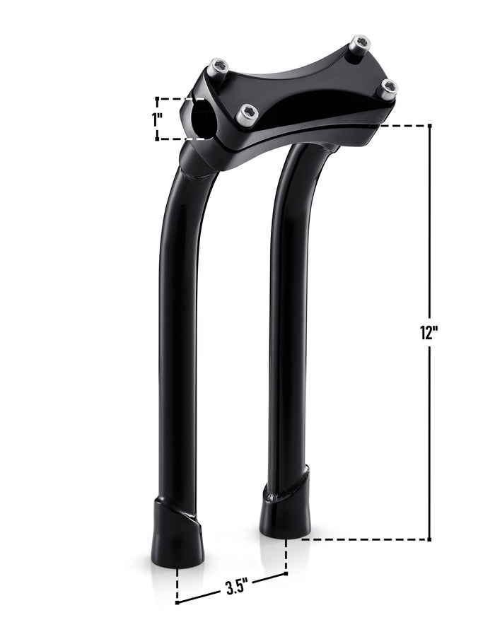 Warlock 12" Pullback Handlebar Risers for Harley Sportster Nightster XL1200N Gloss Black Dimension Image